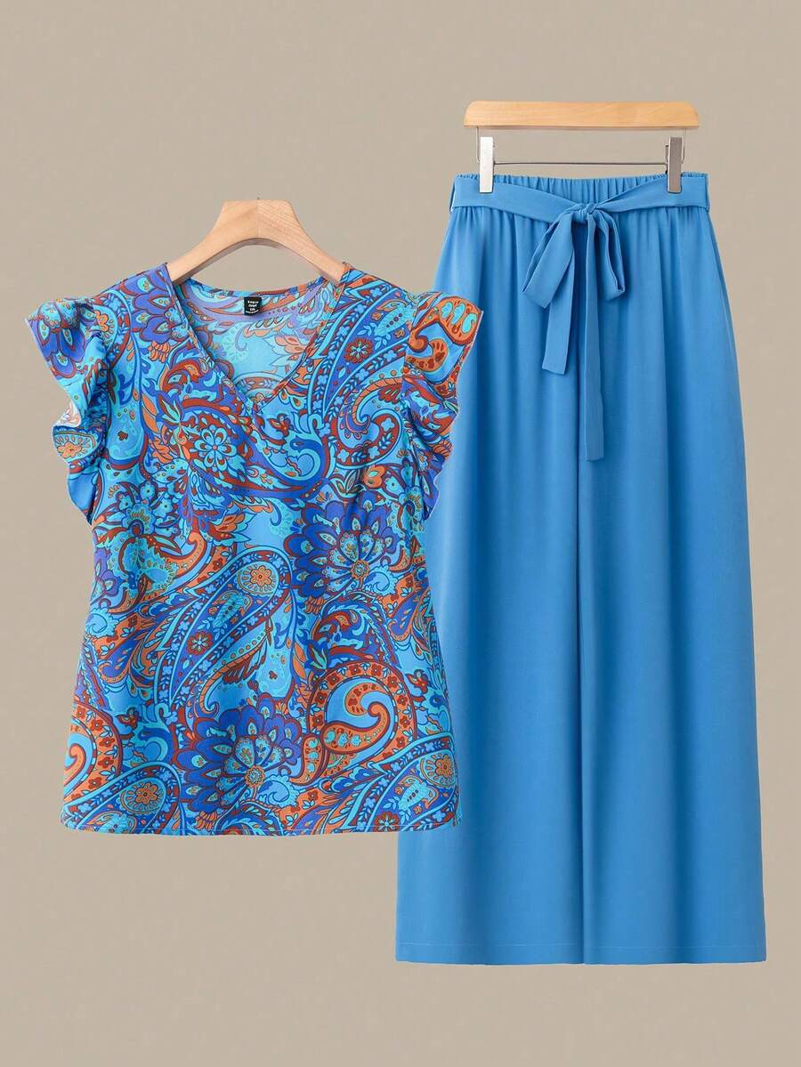 Linhara Plus Size Women's Paisley Colorful Cashew Flower Print V-Neck Ruffle Sleeve Top And Solid Color Drawstring Pants 2-Piece Set - Blue - View 1
