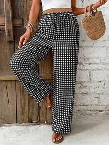 SHEIN Frenchy Quần nữ cạp chun họa tiết kẻ caro cổ điển, thích hợp cho dạo phố, phong cách đường phố, sân bay, thanh lịch, đi làm, nghỉ mát biển, tiệc cưới, lễ hội, phong cách Bohemian. - Nhiều màu - Xem 3