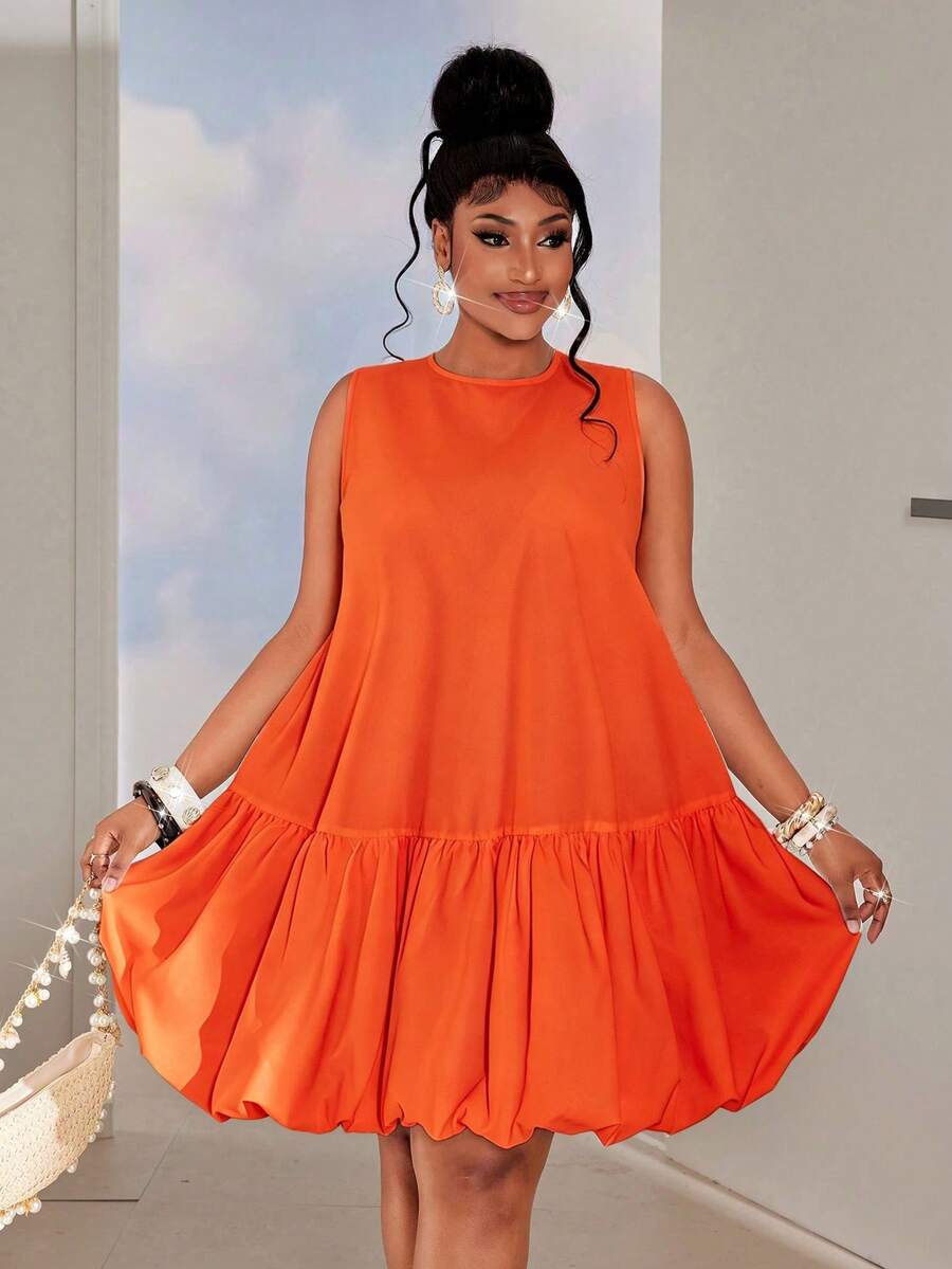Maweii Đầm midi hoa xếp ly, không tay, hở lưng, bèo nhún, cỡ lớn - Màu Cam cháy - Xem 1