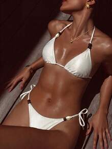Swim Vcay Women's Solid Color Special Fabric Bikini Set With Beaded Halter Design, Suitable For Beach Vacation - White - View 5