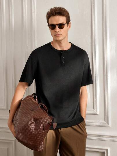 Officeau 1pc Black Waffle Knit Henley Collar Button Casual Polo Shirt For Men, T-Shirt, Short Sleeve Top, Sporty & Casual Style, Machine Washable, Suitable For Summer Daily Wear, Business, Commuting, Running, Outdoor