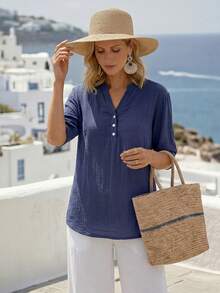 Faunlyn 女士休闲纯色纽扣短袖衬衫 - 藍色 - 查看 6