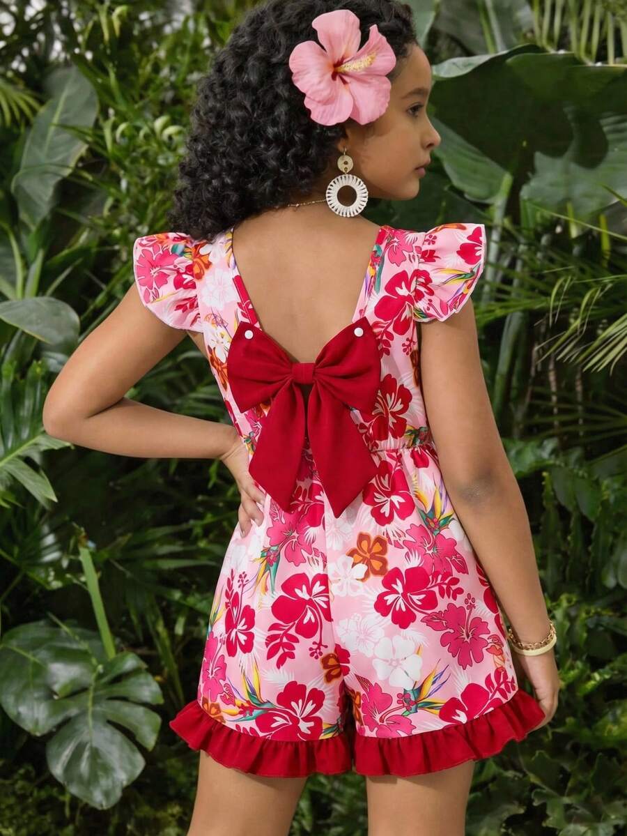 Filles (Petit) Combinaison courte à imprimé floral tout-sur-tout avec garniture en dentelle, vêtements pour enfants élégants et confortables, combinaison sans manches à la mode pour l'été