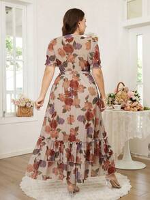 Reflora Vestido de moda con cuello en V, estampado floral y volantes para mujer de talla grande - Multicolor - Ver 9