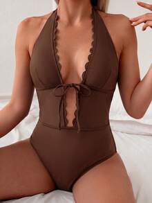 Bonvoyette 1pc Women's Solid Color Casual Vacation Jumpsuit Swimsuit - Coffee Brown - View 3