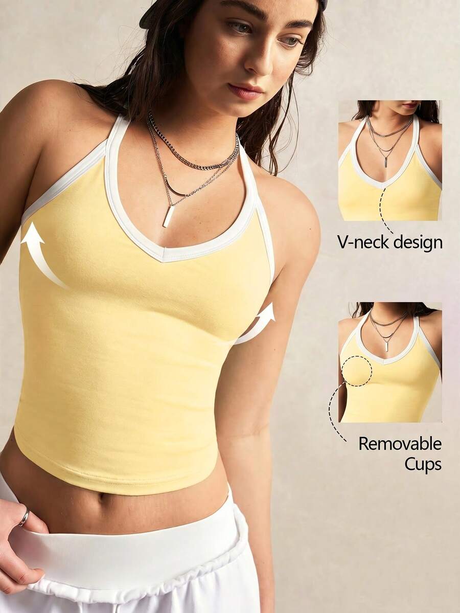 VARSIVA Áo tank top nữ mùa hè kiểu dáng thể thao thường ngày, viền tương phản, kiểu racerback, dáng ngắn. - Màu vàng - Xem 1