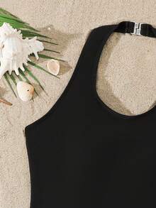 SHEIN Teen Girls One Piece Swimsuit,Black Solid Color,Halter Neck Adjustable,Regular Waist Tie Shorts,Fashion Minimalist Style,Summer,Beach,Holiday,Pool - Black - View 4