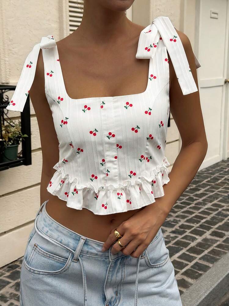 Women's Spaghetti Strap Tie-Up Allover Print Ruffle Hem Casual Vacation Style Camisole Summer