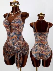 Bonvoyette Leopard Print Random Deep V Sexy One-Piece Swimsuit For Women, 2-Piece Set With Mesh Wrap Skirt, Beach Holiday Sexy Swimwear - Multicolor - View 2