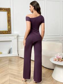 SHEIN 两件套孕妇休闲不对称肩部上衣和裤子套装 - 紫色 - 查看 2