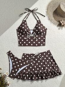 SHEIN Swim Mod 3pcs Polka Dot Contrast Color Print Ruffle Hem Halter Swimsuit Set, Spring/Summer - Multicolor - View 7