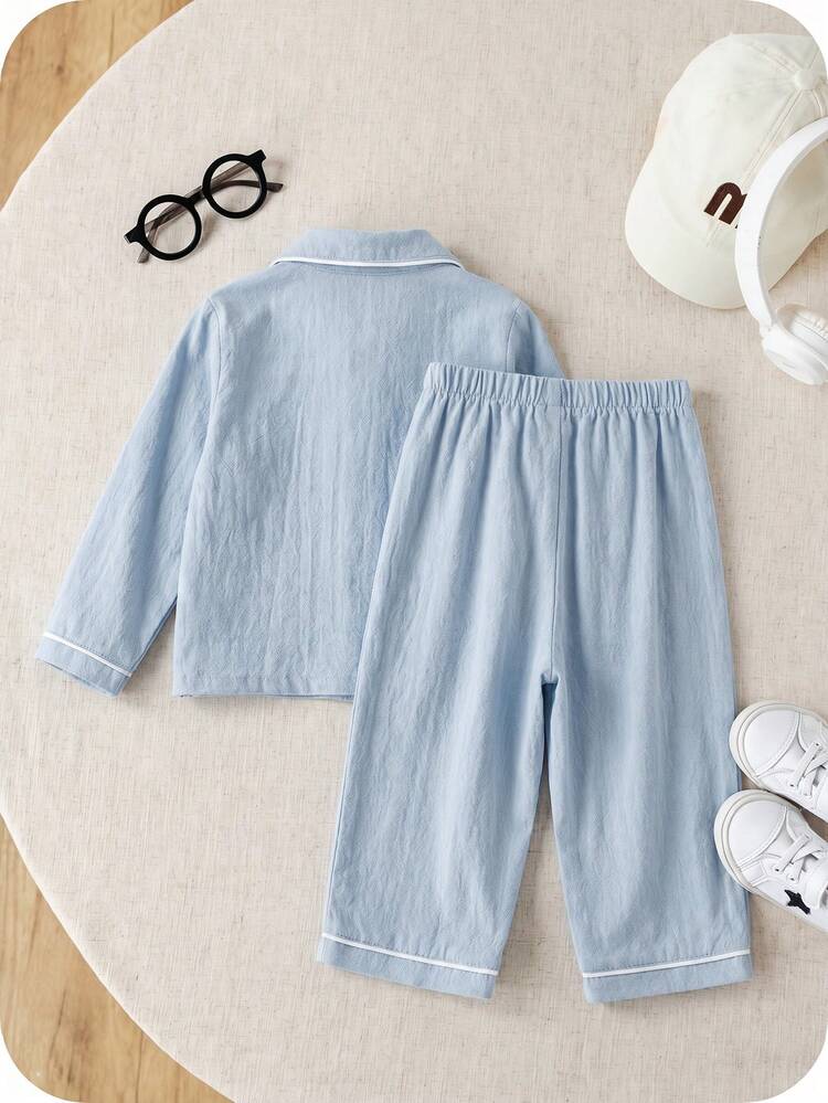 SHEIN 男女宝宝100%纯棉纯色长袖衬衫和直筒裤舒适柔软休闲宽松睡衣套装，两件套，适合春、夏、秋、冬四季穿着。 - 霧霾藍 - 查看 2