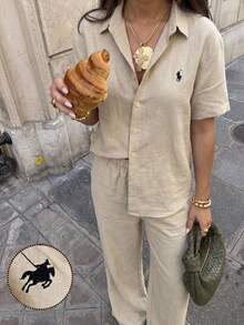 SHEIN EZwear Summer Women's Knight Pattern Short Sleeve Single-Breasted Shirt And Light Khaki Woven Casual Pants Set Business Casual Outfit Women - Khaki - View 2