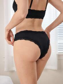 Ocili 100%纯棉舒适简约光滑蕾丝边女士内裤 - 黑色 - 查看 3