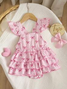 SHEIN Vintaside Kids Baby Girls' Cute & Fun Comfortable Woven Fabric Cap Sleeve Multilayer Ruffle Strap Romper, Suitable For Spring & Summer - Pink - View 3