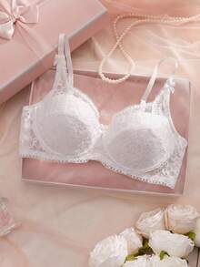 DAZY Adjustable Lace Spaghetti Strap Slightly Gathered White Bra, Women's Lingerie For Summer - White - View 14