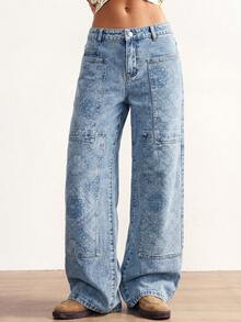Bohemela Quần jeans nữ dáng rộng, họa tiết hoa và xanh phối nhiều mảnh. - Rửa nhẹ - Xem 6