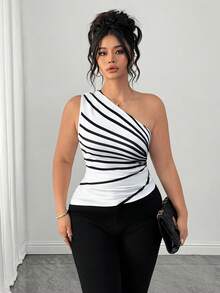 Elenzga 大码女式时尚优雅不对称肩无袖条纹印花衬衫 - 黑與白 - 查看 5