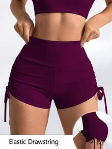 Seamluxe SHEIN Sport Fashion Peach Hip Lifting Yoga Shorts With Drawstring, Tight Fitting, Elastic High Waist, Suitable For Workout, Running, Fitness Orange Twilight - Purple - View 3