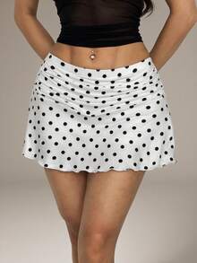 SHEIN PETITE 夏季波点褶皱 A 字迷你裙 - 黑與白 - 查看 9