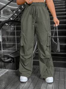 Plus Size Women Solid Color Casual Versatile Drawstring Waist Cargo Pants - Khaki - View 3