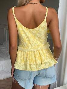 Camiseta sin mangas de mujer de unicolor con nudo delantero y plisado, versátil para uso diario - Amarillo - Ver 5