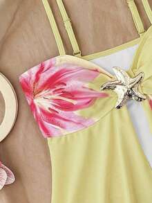 Tankinis de niñas adolescentes con tirantes de espagueti, decoración de estrella de mar de metal, conjunto de bikini con base rosa y gran estampado floral, traje de baño de playa, trajes de baño de primavera/verano para niñas adolescentes. Traje de baño de una pieza con lazo para niñas, traje de baño para niñas, trajes de baño para niñas, trajes de baño florales de verano para vacaciones, traje de baño con flores - Amarillo - Ver 4