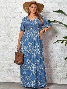 EMERY ROSE Plus Ditsy Floral Long Summer Dress With Sleeves Half Button Maxi Dress - Blue - View 3