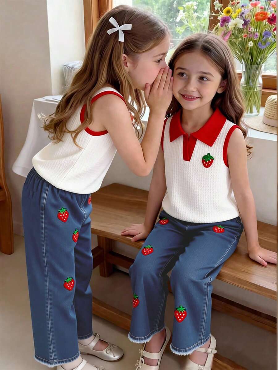 Elladie kids Bộ đồ bé gái (cỡ nhỏ) gồm áo vest không tay cổ đỏ màu mơ dệt kim, quần jean ống rộng thêu họa tiết quả anh đào, quần áo thời trang mùa hè cho bé gái. - Màu be - Xem 1