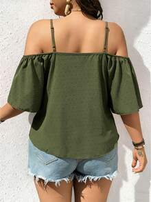 EMERY ROSE Fashionable Casual Retro V-Neck Off-Shoulder Tie-Up Shirt - Olive Green - View 2