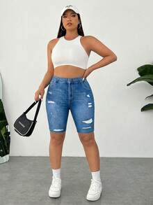 SHEIN EZwear Quần legging nữ cỡ lớn, có túi và cúc, kiểu dáng rách, thoải mái, đa năng, thích hợp mặc hàng ngày, dáng ôm sát. - Nhiều màu - Xem 3