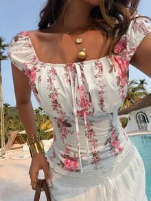 DAZY Ditsy Floral Tie-Waist Square Collar Petal Sleeve Elegant Summer Blouse For Women - Pink - View 6