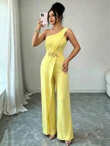 SHEIN Elenzya Bộ áo liền quần nữ màu trơn, kiểu dáng thường ngày, thoải mái. - Màu vàng - Xem 6