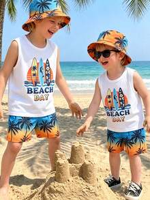 SHEIN Bộ 3 món mùa hè cho bé trai, họa tiết lướt sóng Hawaii/cây cọ/cá heo, áo ba lỗ không tay + quần short họa tiết cây cọ nhiệt đới ombre + mũ chống nắng cùng màu | Trang phục đi biển | Quần áo chơi nước | Bộ đồ ngoài trời cho bé 4-7 tuổi | Bộ quần short và mũ cho chuyến đi biển gia đình, trang phục mùa hè mát mẻ - Nhiều màu - Xem 1