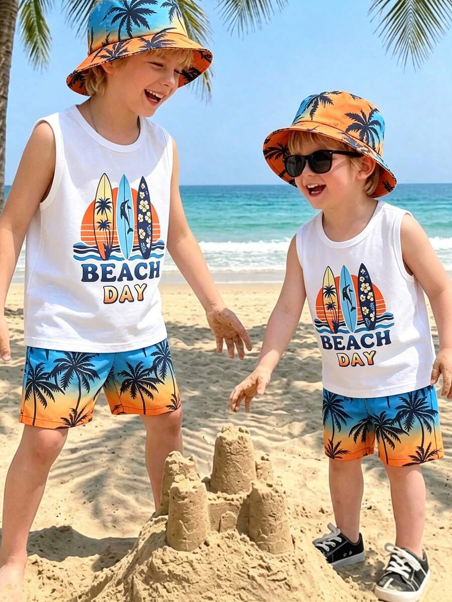 SHEIN Bộ 3 món mùa hè cho bé trai, họa tiết lướt sóng Hawaii/cây cọ/cá heo, áo ba lỗ không tay + quần short họa tiết cây cọ nhiệt đới ombre + mũ chống nắng cùng màu | Trang phục đi biển | Quần áo chơi nước | Bộ đồ ngoài trời cho bé 4-7 tuổi | Bộ quần short và mũ cho chuyến đi biển gia đình, trang phục mùa hè mát mẻ - Nhiều màu - Xem 1