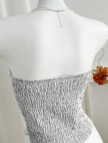 Sweetra Áo kiểu croptop không tay, trễ vai, dáng ôm, thắt nơ, kẻ sọc, thanh lịch và đa năng cho mùa xuân/hè. - màu đen - Xem 4