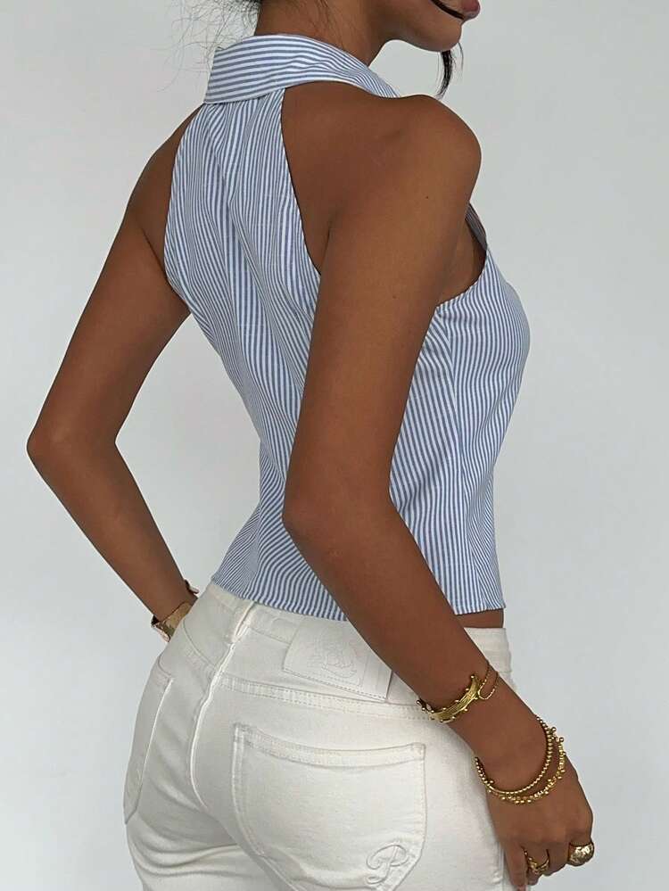 Embroidered Striped Fitted Sleeveless Lapel Vest, Elegant Summer Casual Jacket For Women
