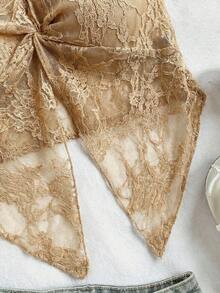 Soleia Top de moda de tejido de encaje texturizado tipo bandeau con nudo delantero y bajo dividido, adecuada para el té de la tarde, la temporada de graduación, todas las estaciones, fiestas, el Día de San Valentín - Caqui - Ver 8