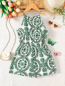 少女夏季海滩度假编织绿色图腾印花露背无袖休闲连体裤，度假风，时尚法式优雅柔软，夏季沙滩装 - 綠色 - 查看 2