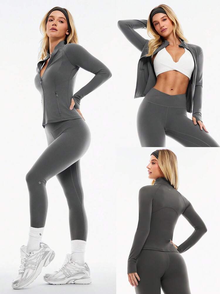 FeatherFit™ Slim-It Streamline Performance Secure Pockets Zip Up Long Sleeve Jacket Low Impact Yoga Pilates Daily Spring Summer