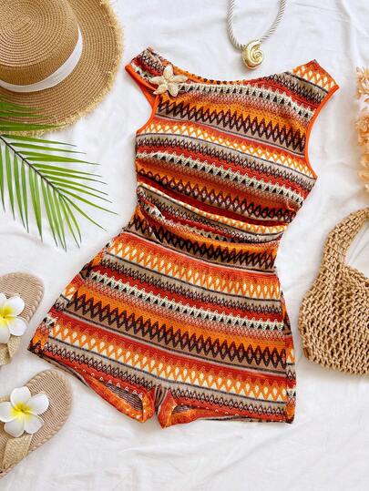 Soleia Tuta casual da donna con scollo asimmetrico, decorazione in metallo a forma di stella marina, adatta per vacanze, spiaggia, crociera, città