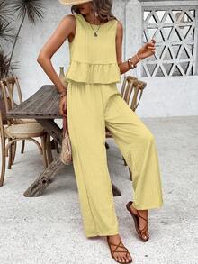 SHEIN Holidaya Women's Vacation Solid Color Ruffle Hem Tank Top And Wide Leg Pants Casual 2 Pieces Set 2 Piece Set Womens Outfit Holiday Outfit Pleated Outfit - Yellow - View 5