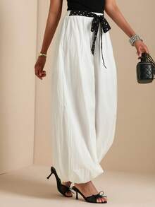 Vesra Pantalones holgados de mujer con cintura con cordón y estampado de lunares texturizados - Blanco - Ver 1