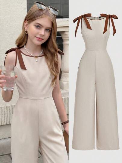 SHEIN Girlism 少女连体衣和连身裤，圆领无袖卡其色连体裤，撞色滚边，蝴蝶结装饰，收腰喇叭裙摆设计——复古宫廷风格，散发着老钱气质，适合工作、返校、约会、派对、节日和生日等场合。