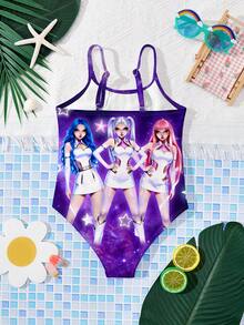 SHEIN 少女夏季海滩度假 K-Pop 卡通女团星空印花连体泳衣 - 彩色 - 查看 4