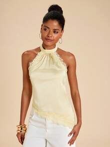 Travachic Áo quây hở lưng, viền ren satin thanh lịch, vạt áo bất đối xứng. - Màu vàng - Xem 6