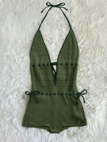 GlowEve Women's Solid Color Lace-Up Design Fashion Halter Neck Knit Romper Beach Olive Green Summer Boho - Army Green - View 1