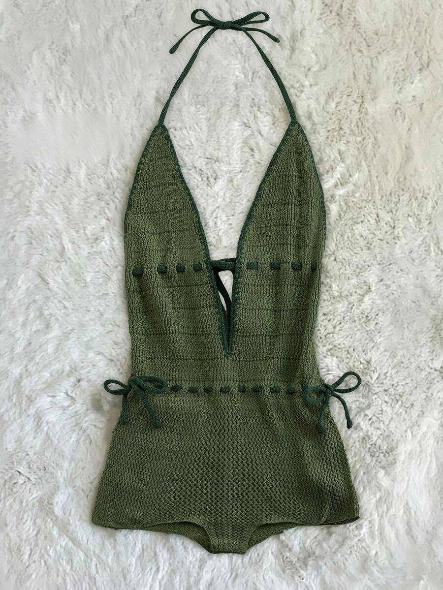 GlowEve Women's Solid Color Lace-Up Design Fashion Halter Neck Knit Romper Beach Olive Green Summer Boho - Army Green - View 1