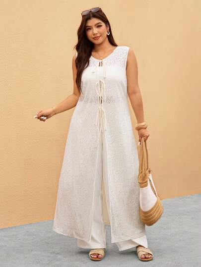 Elaquor Plus Size 2 Pieces Set: Sleeveless Long Lace Cardigan & Wide Leg Pants, Elegant Business Suit Outfit For Wedding, Mother's Day