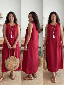 Enliva Vestido informal de cambio sin mangas de unicolor con bolsillos para mujeres talla grande - Burdeos - Ver 4